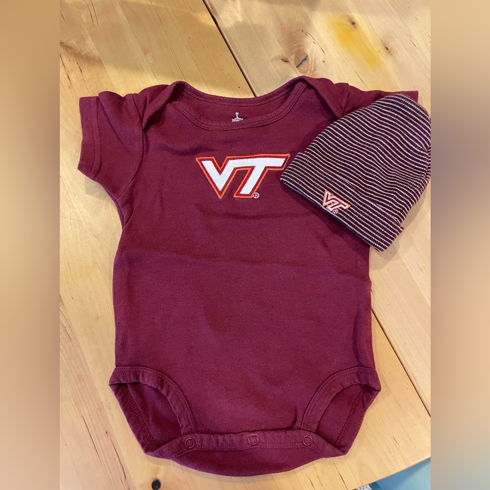 Virginia Tech 6-9 Months Bodysuit & Hat - Maroon VT Logo